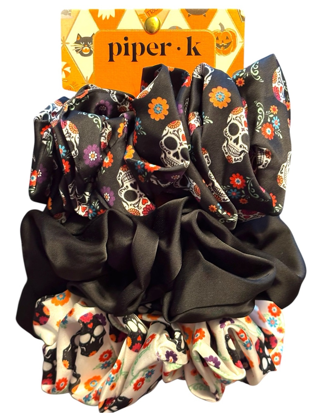 NWT•Piper K Black & Multicolor Sugar Skull oversized Scrunchie Trio